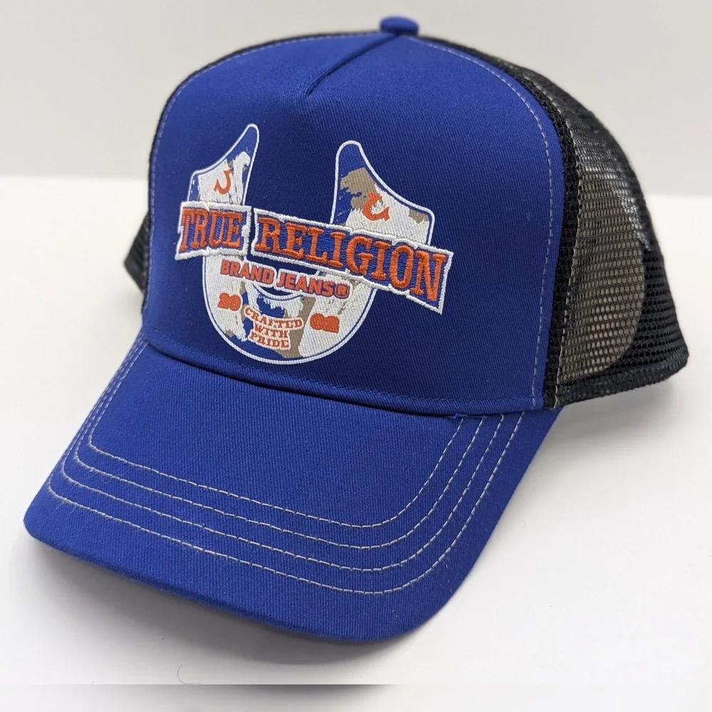 True Religion Mens Surf The Web Blue Embroidered Trucker Hat Snapback TR4245 NEW